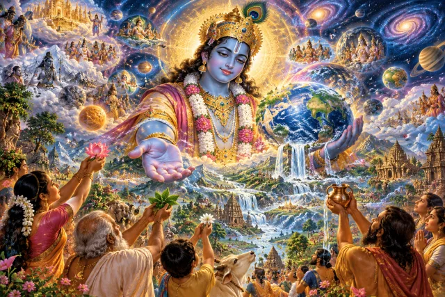 Devotees offering flowers and water to Krishna as the cosmos unfolds around him