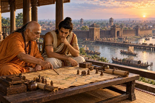 An ancient scholar and young ruler studying strategy above the Pataliputra riverfront