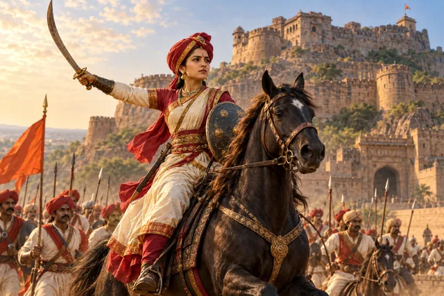 A queen commander inspired by Rani Lakshmibai riding before Jhansi Fort