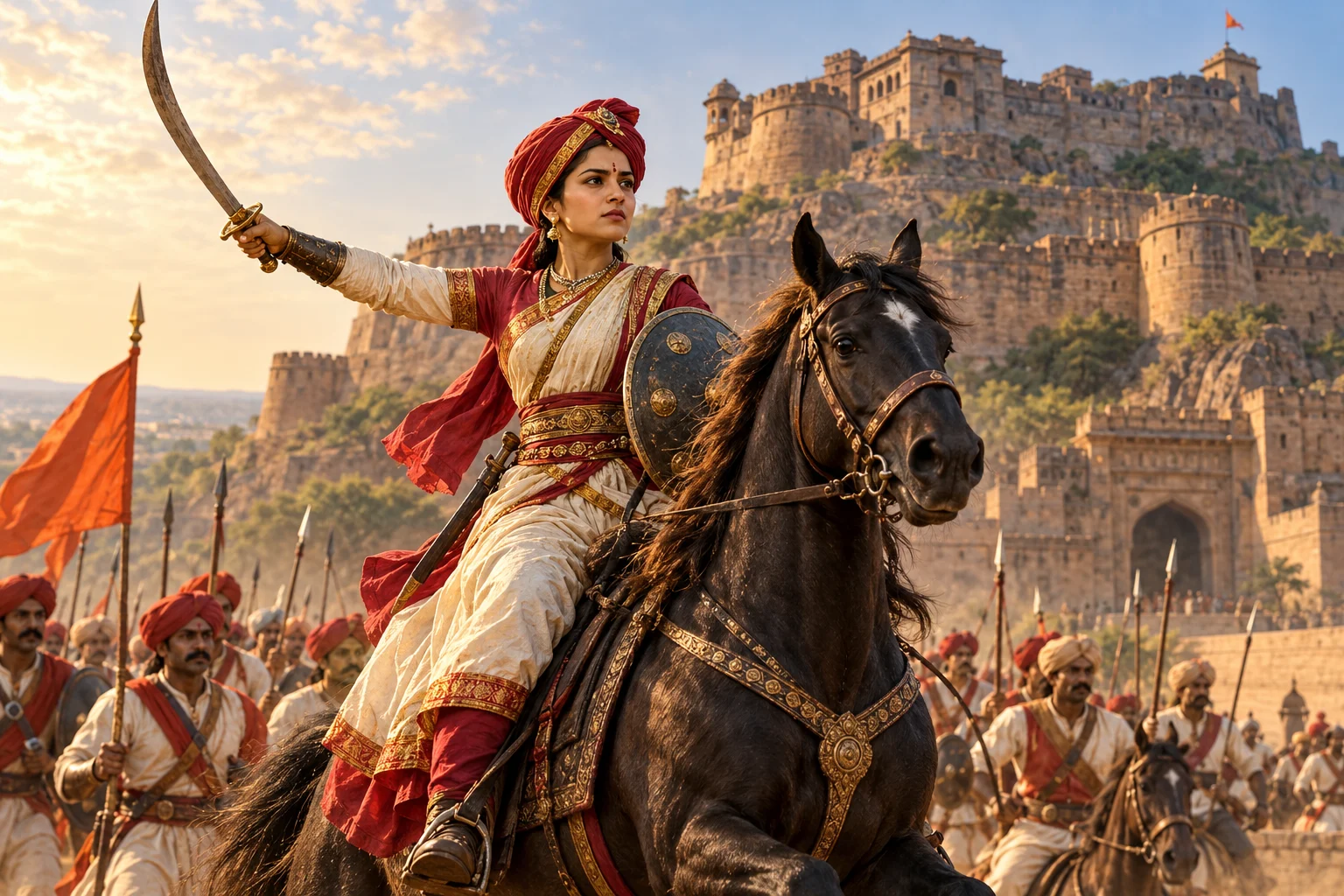 A queen commander inspired by Rani Lakshmibai riding before Jhansi Fort
