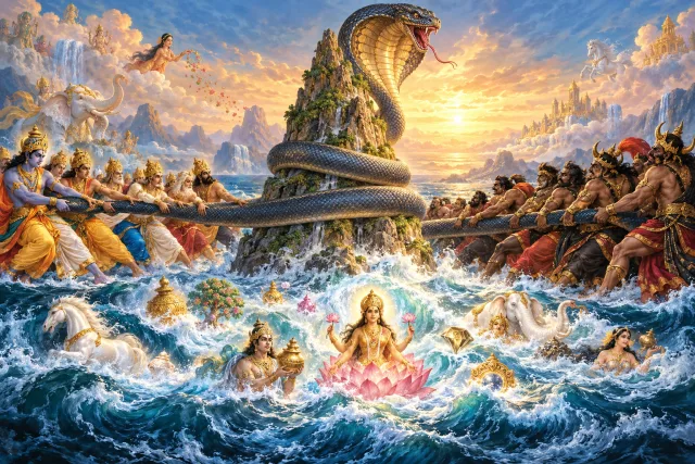 Devas and asuras churning the cosmic ocean with Mount Mandara and Vasuki