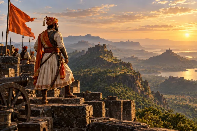 A Maratha leader inspired by Shivaji overlooking Sahyadri hill forts