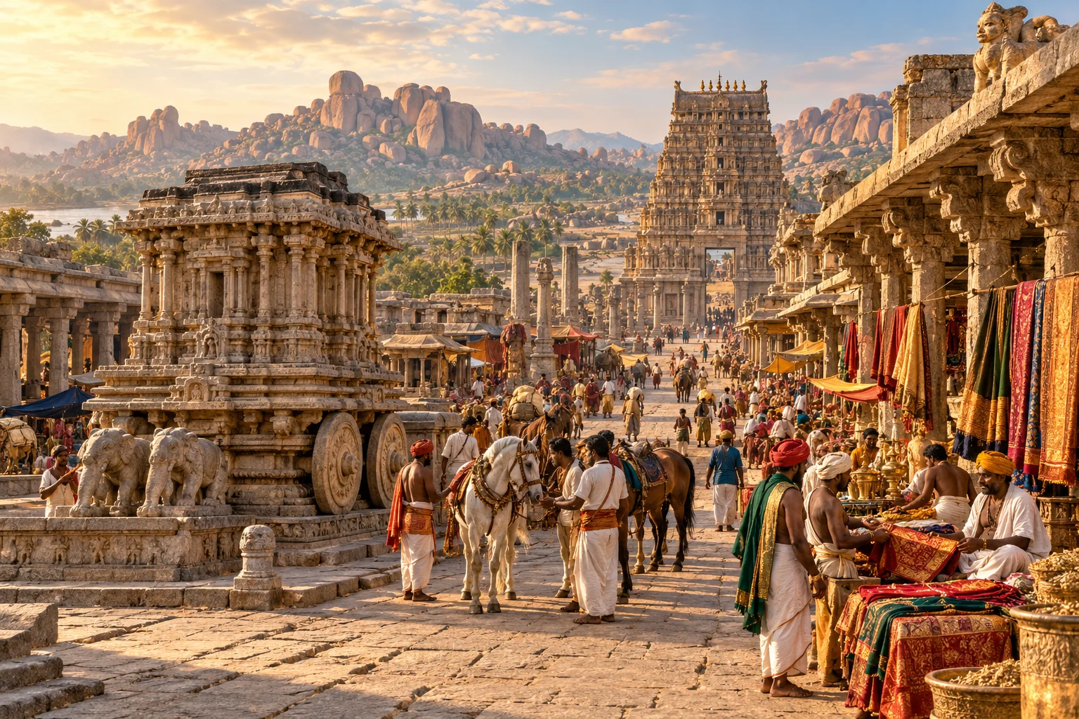 A reconstruction of Vijayanagara's temple market and stone chariot at Hampi
