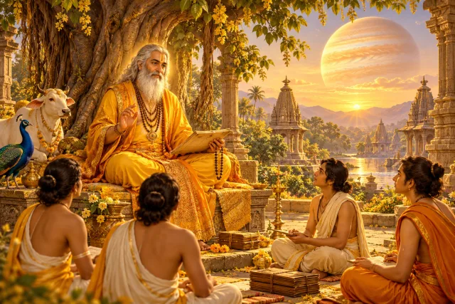 A devotional interpretation of Guru Mantra (Om Graam Greem Graum Sah Gurave Namah) for Brihaspati