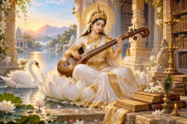 A devotional interpretation of Saraswati Mantra (Om Aim Saraswatyai Namah) for Saraswati